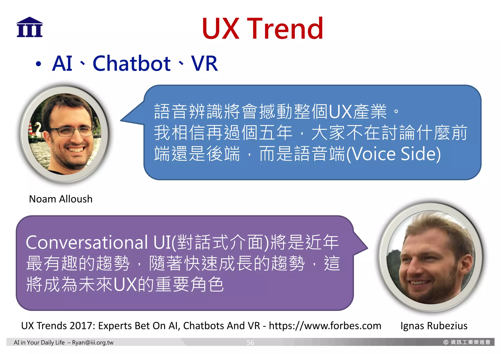 AI in Your Daily Life – Ryan@iii.org.tw
UX Trend
• AI、Chatbot、VR
Noam	Alloush
語音辨識將會撼動整個UX產業。
我相信再過個五年，大家不在討論什麼前
端還是後端，而是語音端(Voice Side)
Ignas	Rubezius
Conversational UI(對話式介面)將是近年
最有趣的趨勢，隨著快速成長的趨勢，這
將成為未來UX的重要角色
UX	Trends	2017:	Experts	Bet	On	AI,	Chatbots	And	VR	- https://www.forbes.com
56
 