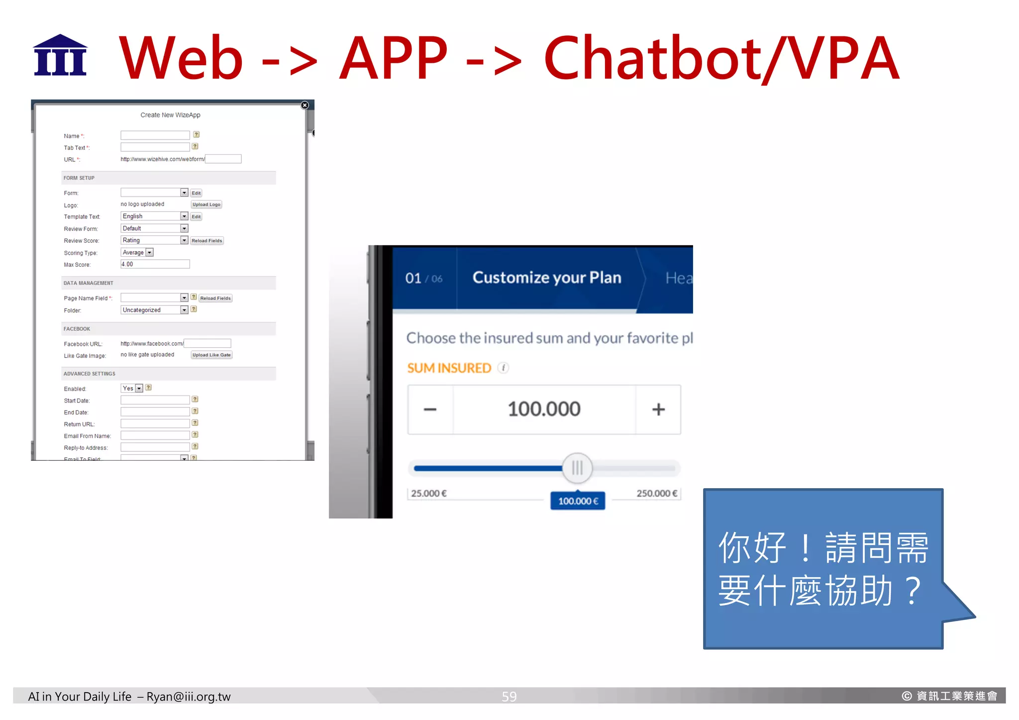 AI in Your Daily Life – Ryan@iii.org.tw
Web -> APP -> Chatbot/VPA
你好！請問需
要什麼協助？
59
 