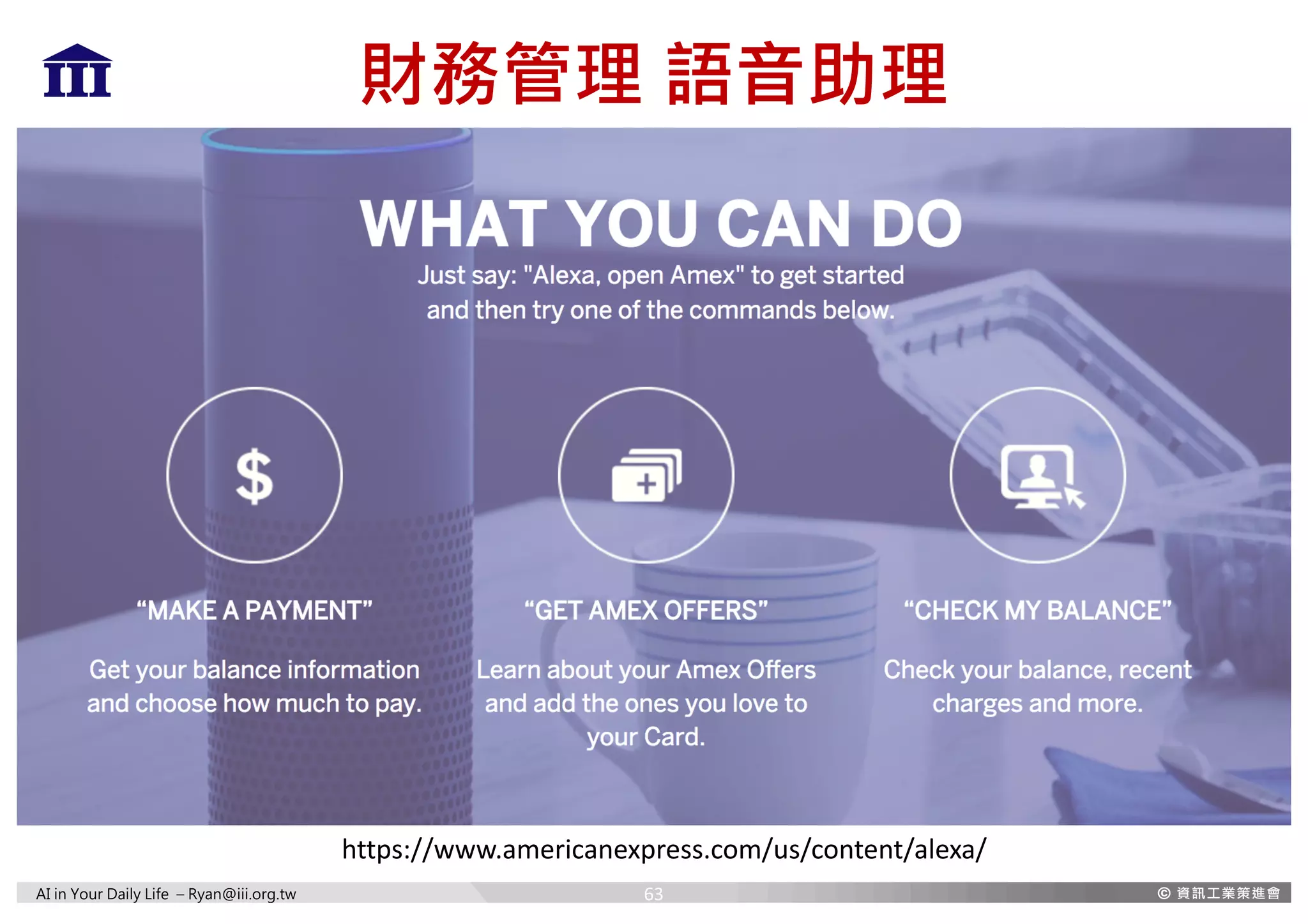 AI in Your Daily Life – Ryan@iii.org.tw
財務管理 語音助理
https://www.americanexpress.com/us/content/alexa/
63
 