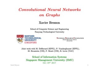 Convolutional Neural Networks
on Graphs
Xavier Bresson
Xavier	Bresson 2
School of Information Systems
Singapore Management University (SMU)
Oct 19th 2017
School of Computer Science and Engineering
Nanyang Technological University
Joint work with M. Defferrard (EPFL), P. Vandergheynst (EPFL),
M. Bronstein (USI), F. Monti (USI), R. Levie (TAU)
 