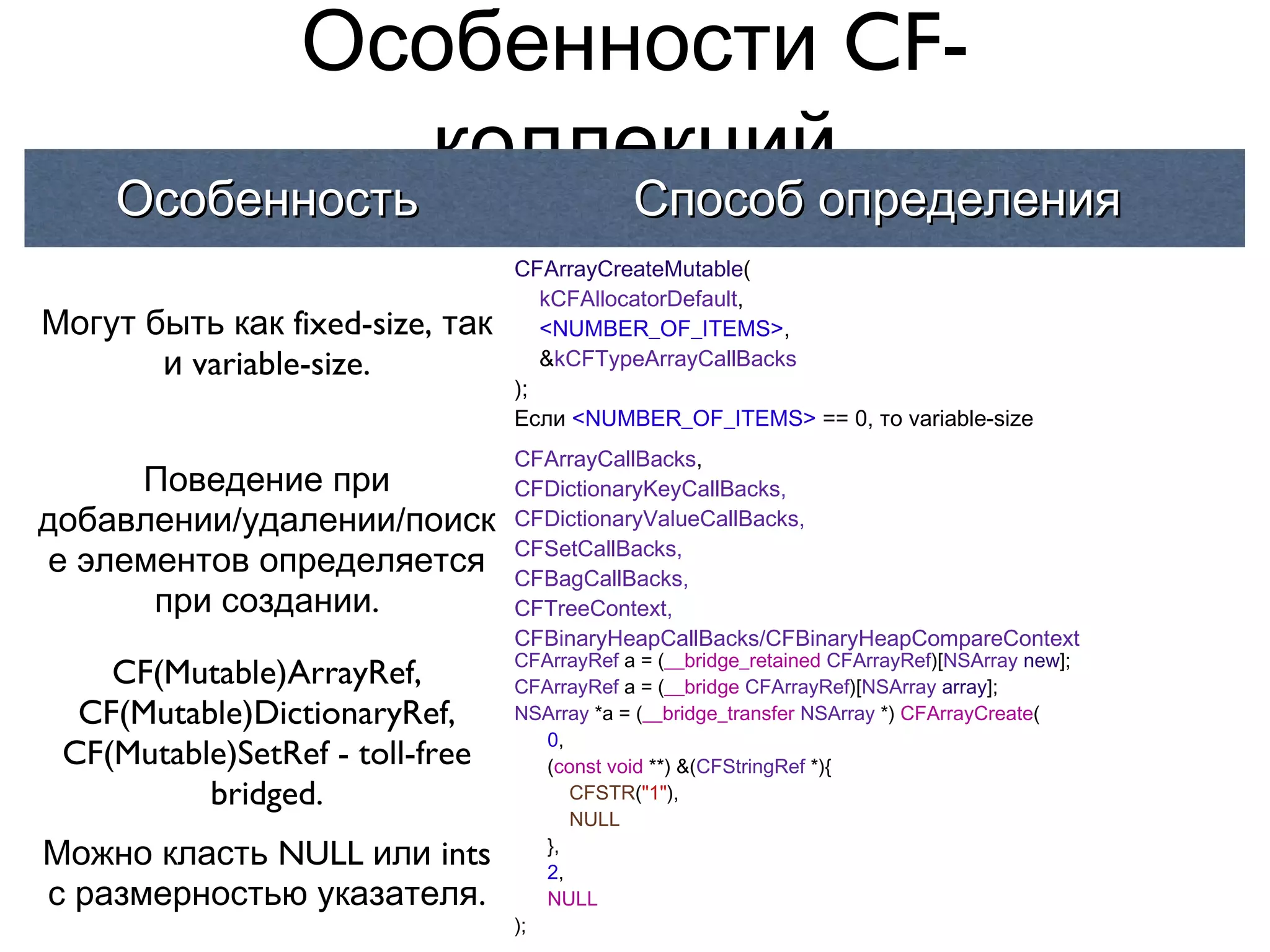 Особенности CF-
                    коллекций
    Особенность                              Способ определения
                                 CFArrayCreateMutable(
                                    kCFAllocatorDefault,
Могут быть как fixed-size, так      <NUMBER_OF_ITEMS>,
       и variable-size.             &kCFTypeArrayCallBacks
                                 );
                                 Если <NUMBER_OF_ITEMS> == 0, то variable-size
                                 CFArrayCallBacks,
     Поведение при               CFDictionaryKeyCallBacks,
добавлении/удалении/поиск        CFDictionaryValueCallBacks,
                                 CFSetCallBacks,
е элементов определяется         CFBagCallBacks,
      при создании.              CFTreeContext,
                                 CFBinaryHeapCallBacks/CFBinaryHeapCompareContext
                                 CFArrayRef a = (__bridge_retained CFArrayRef)[NSArray new];
    CF(Mutable)ArrayRef,         CFArrayRef a = (__bridge CFArrayRef)[NSArray array];
  CF(Mutable)DictionaryRef,      NSArray *a = (__bridge_transfer NSArray *) CFArrayCreate(
                                    0,
 CF(Mutable)SetRef - toll-free      (const void **) &(CFStringRef *){
          bridged.                     CFSTR("1"),
                                       NULL
Можно класть NULL или ints          },
                                    2,
с размерностью указателя.           NULL
                                 );
 