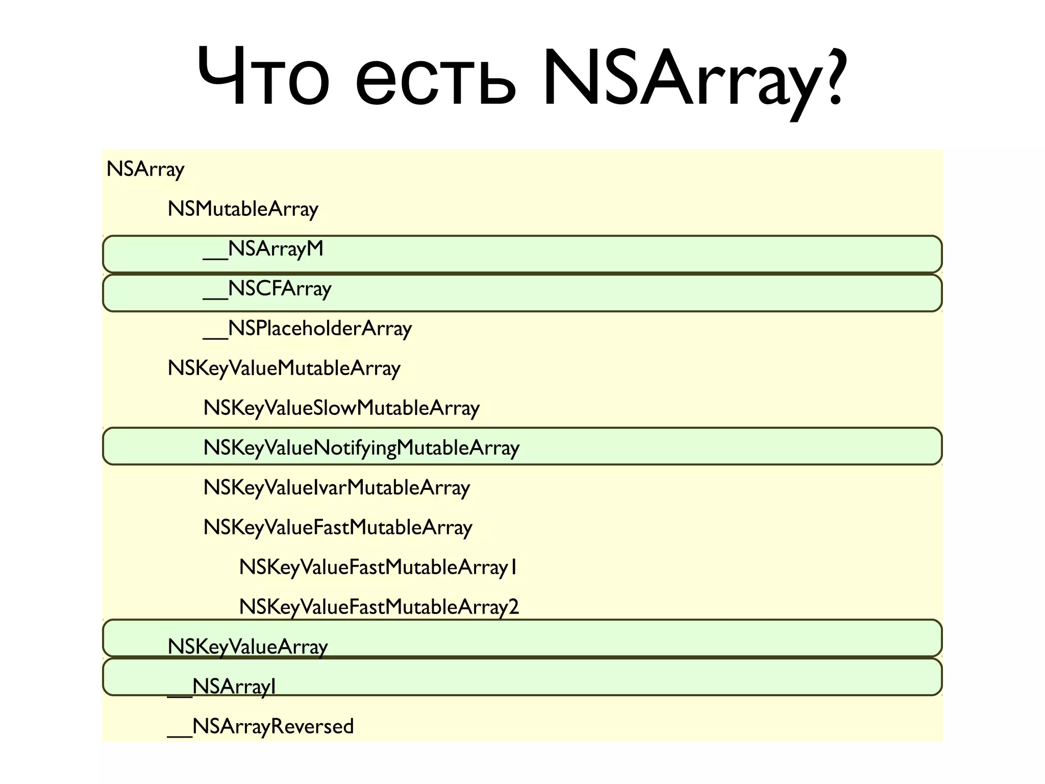 Что есть NSArray?
NSArray
     NSMutableArray
          __NSArrayM
          __NSCFArray
          __NSPlaceholderArray
     NSKeyValueMutableArray
          NSKeyValueSlowMutableArray
          NSKeyValueNotifyingMutableArray
          NSKeyValueIvarMutableArray
          NSKeyValueFastMutableArray
             NSKeyValueFastMutableArray1
             NSKeyValueFastMutableArray2
     NSKeyValueArray
     __NSArrayI
     __NSArrayReversed
 