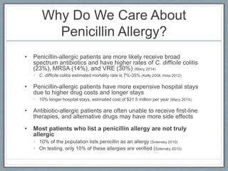 Why Do We Care About
Penicillin Allergy?
• Penicillin-allergic patients are more likely receive broad
spectrum antibiotics and have higher rates of C. difficile colitis
(23%), MRSA (14%), and VRE (30%) (Macy 2014)
• C. difficile colitis estimated mortality rate is 7%-35% (Kelly 2008, Hota 2012)
• Penicillin-allergic patients have more expensive hospital stays
due to higher drug costs and longer stays
• 10% longer hospital stays, estimated cost of $21.5 million per year (Macy 2014)
• Antibiotic-allergic patients are often unable to receive first-line
therapies, and alternative drugs may have more side effects
• Most patients who list a penicillin allergy are not truly
allergic
• 10% of the population lists penicillin as an allergy (Solensky 2010)
• On testing, only 10% of these allergies are verified (Solensky 2010)
 