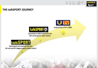 THE talkSPORT JOURNEY
0
0
0
Launched in 1999 to become the
UK’s only Sports radio station
Acquired by UTV in 2005
Developed and evolved into the
UK and world’s biggest sports radio station
 