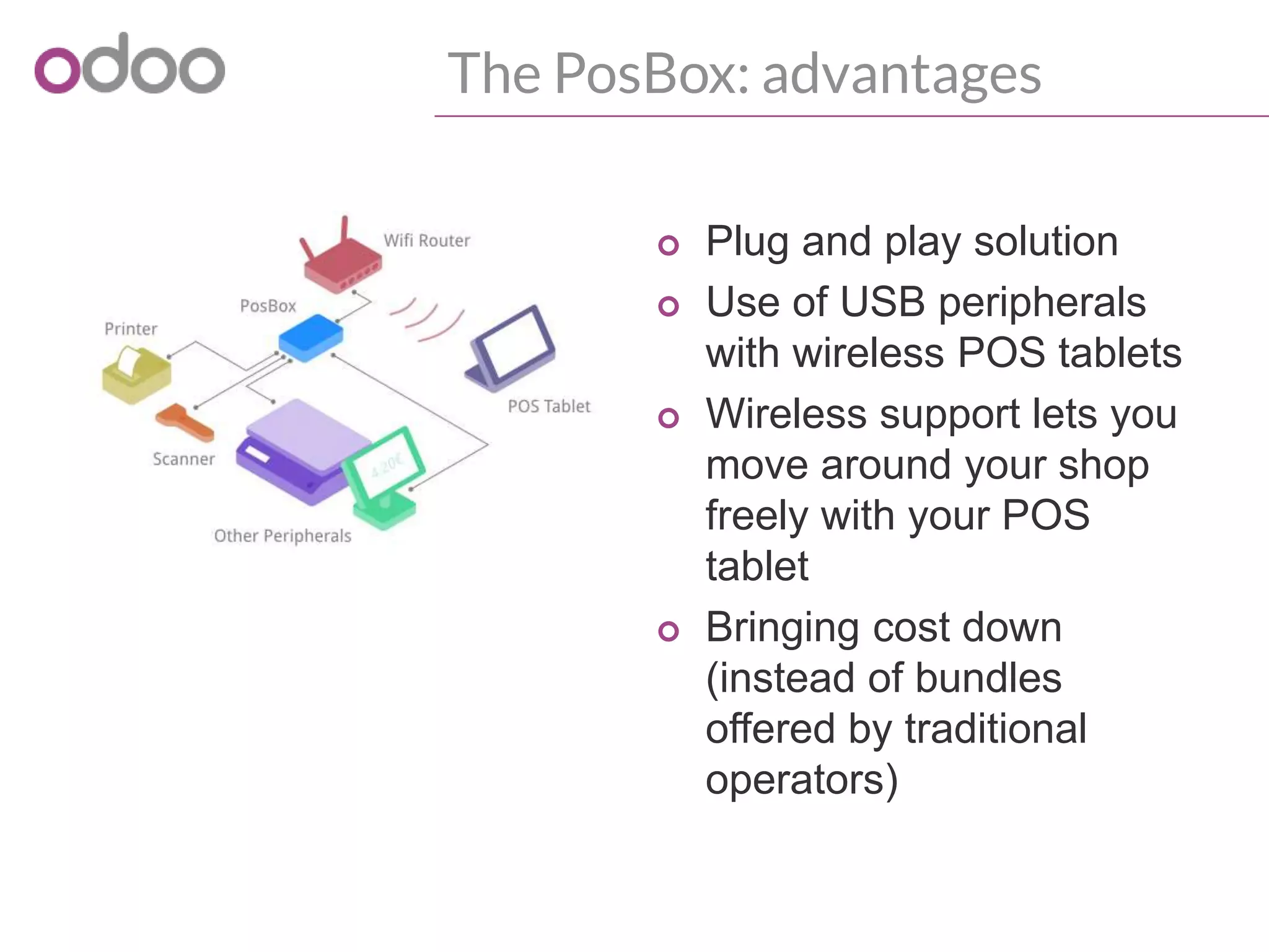 The PosBox: advantages
o Plug and play solution
o Use of USB peripherals
with wireless POS tablets
o Wireless support lets you
move around your shop
freely with your POS
tablet
o Bringing cost down
(instead of bundles
offered by traditional
operators)
 