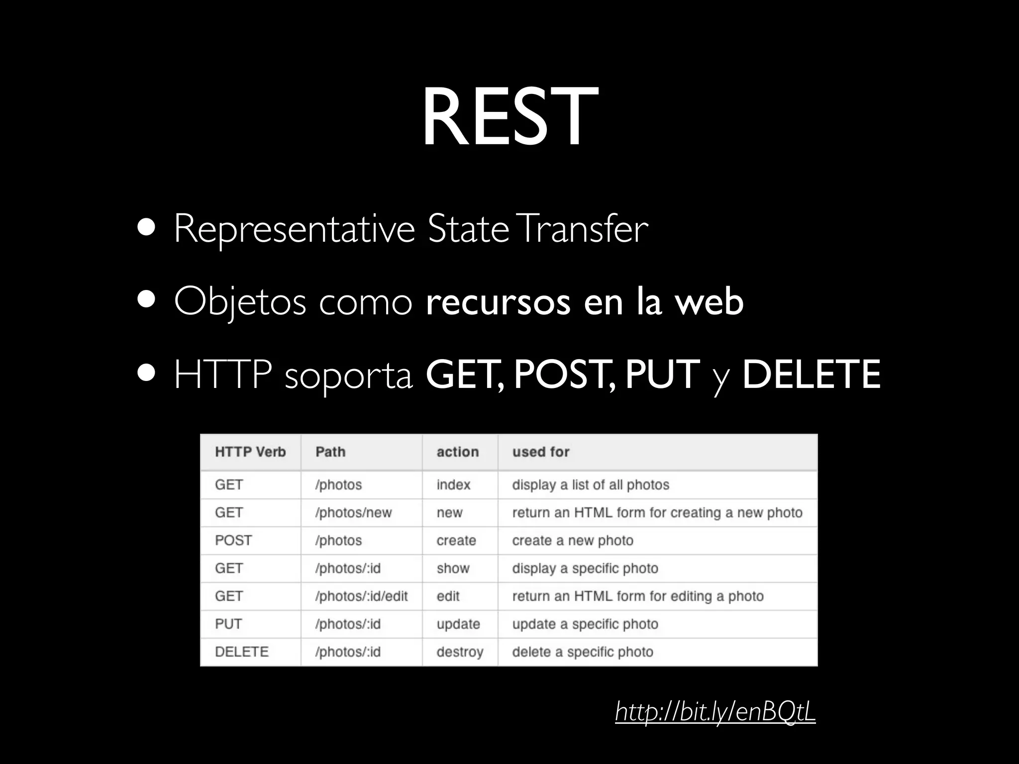 REST
• Representative State Transfer
• Objetos como recursos en la web
• HTTP soporta GET, POST, PUT y DELETE



                        http://bit.ly/enBQtL
 