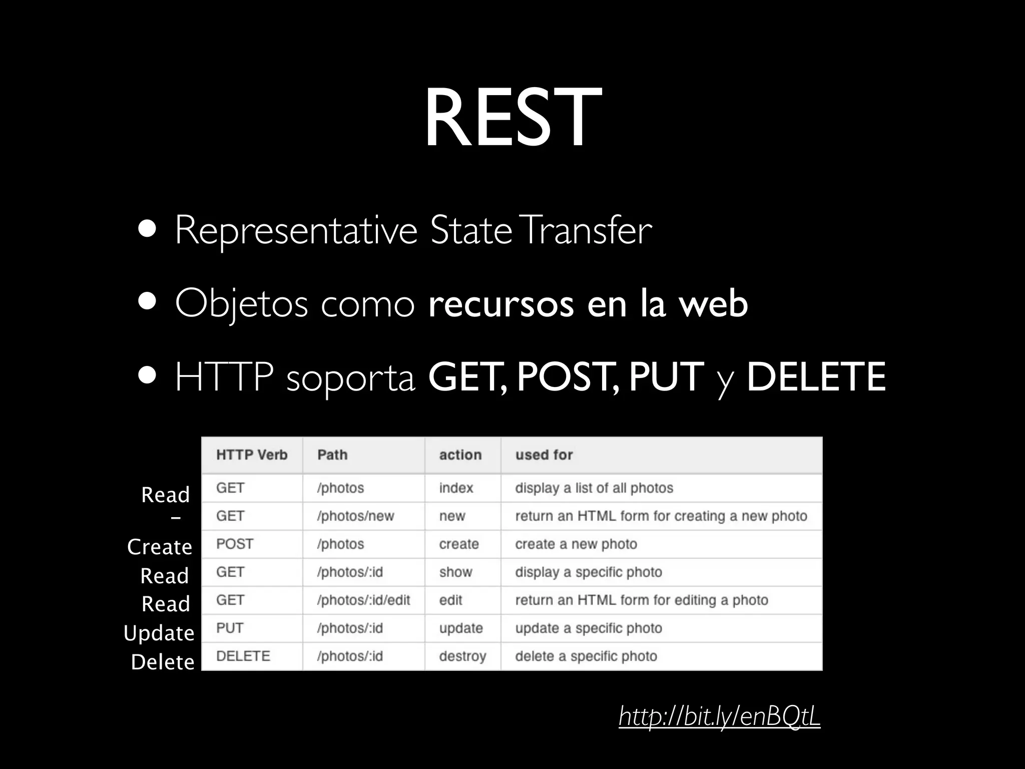 REST
• Representative State Transfer
• Objetos como recursos en la web
• HTTP soporta GET, POST, PUT y DELETE
  Read
    -
Create
  Read
  Read
Update
 Delete

                        http://bit.ly/enBQtL
 