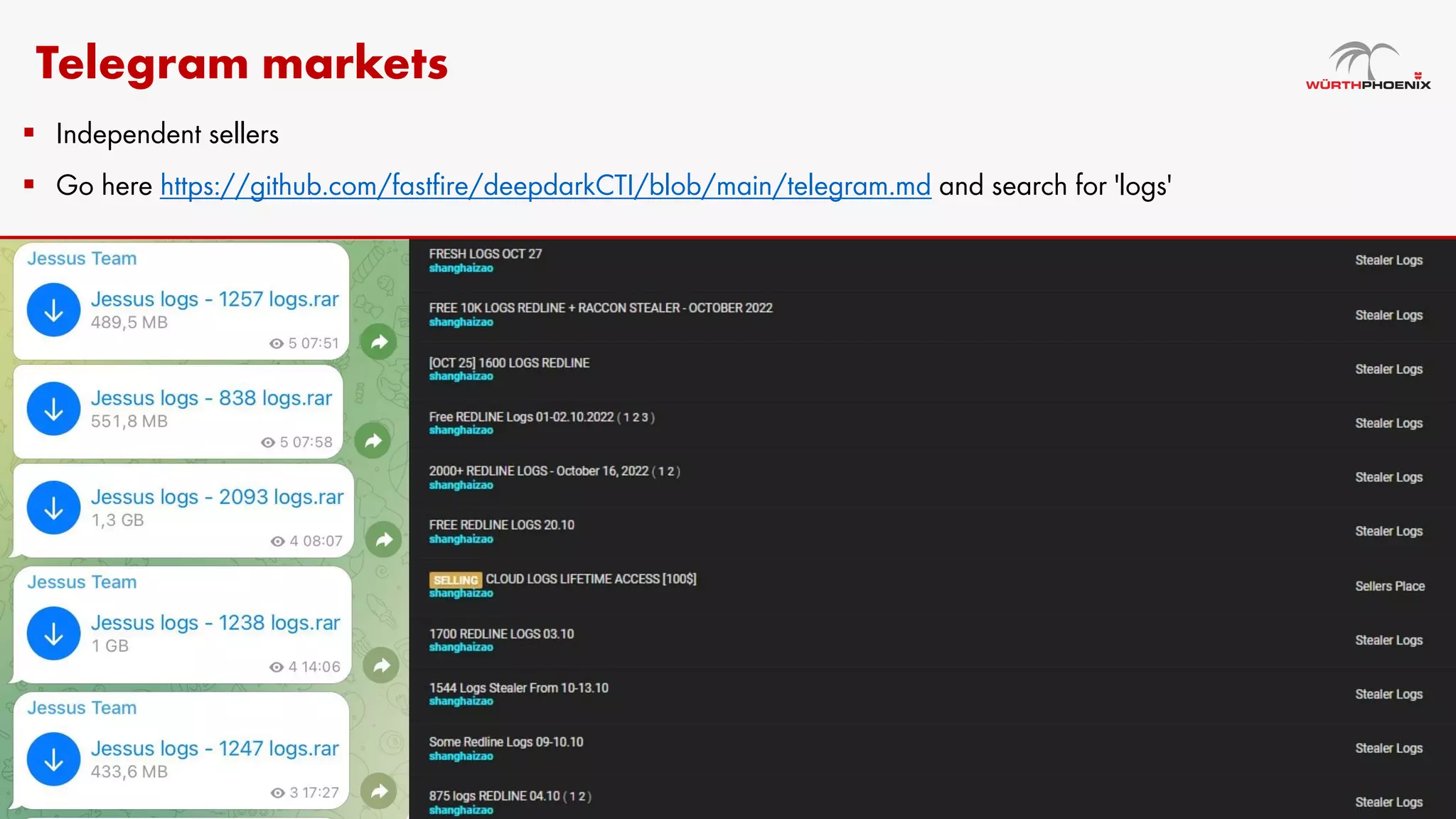 Telegram markets
§ Independent sellers
§ Go here https://github.com/fastfire/deepdarkCTI/blob/main/telegram.md and search for 'logs'
 
