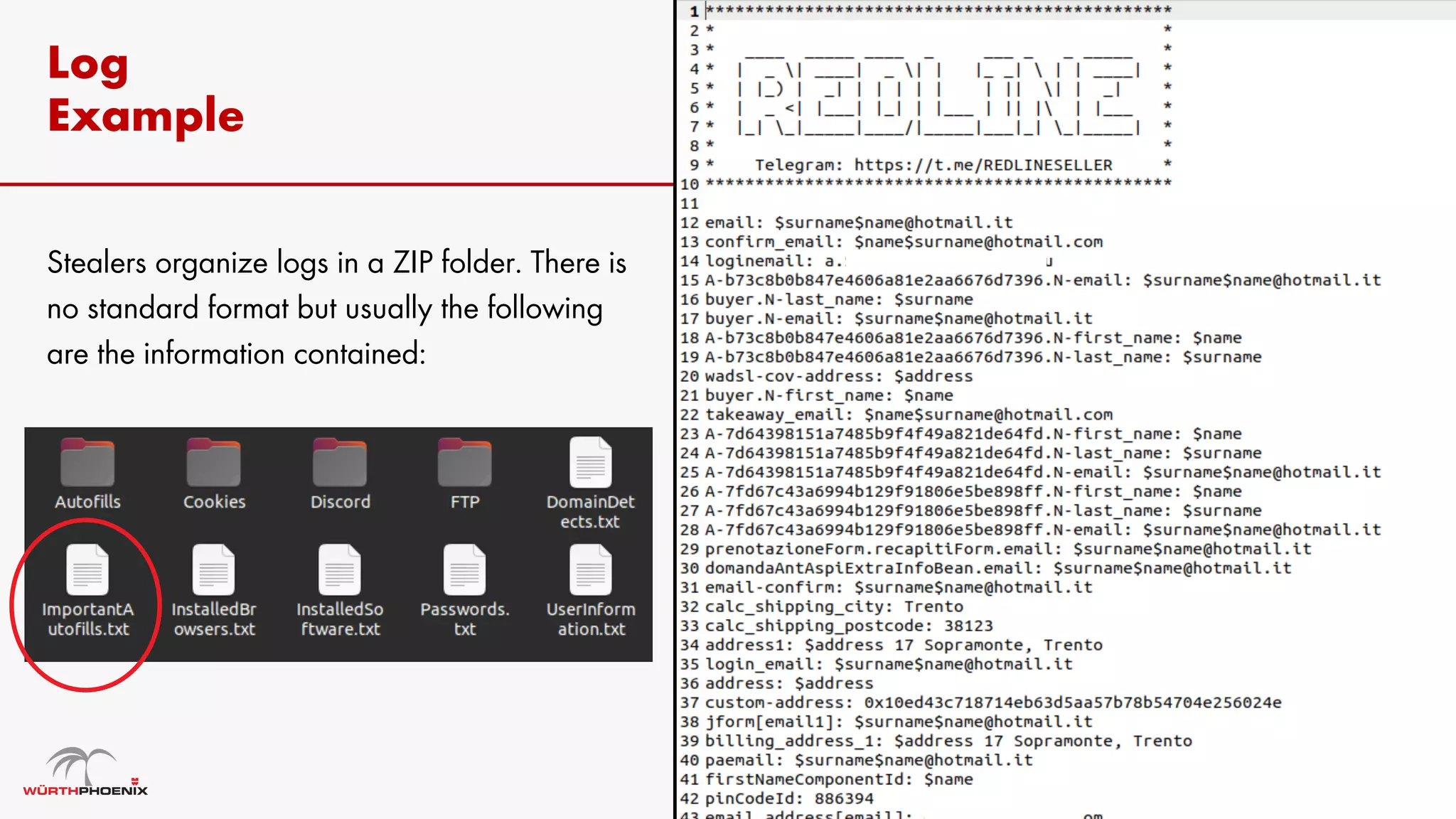 Log
Example
Stealers organize logs in a ZIP folder. There is
no standard format but usually the following
are the information contained:
 