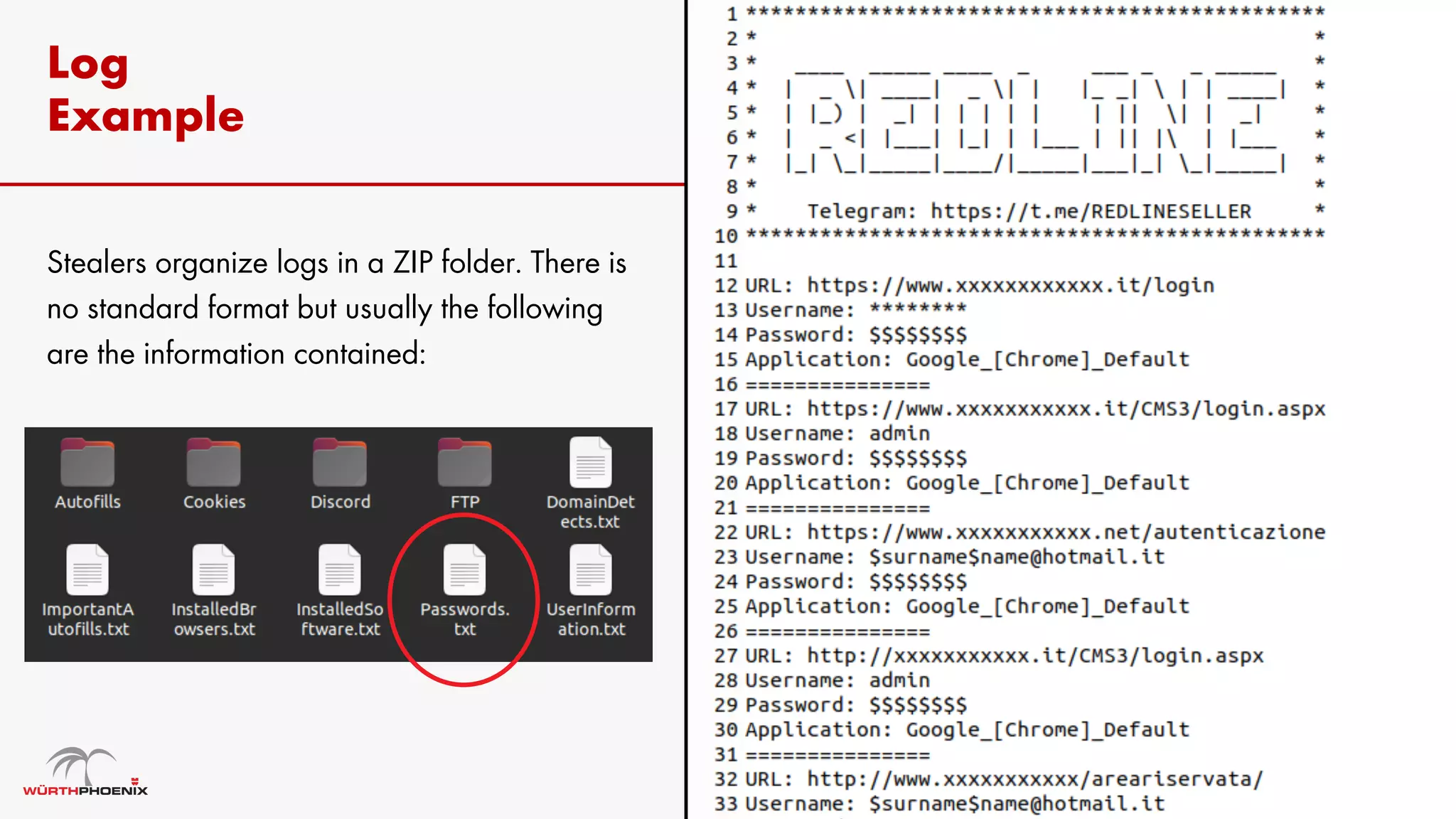 Log
Example
Stealers organize logs in a ZIP folder. There is
no standard format but usually the following
are the information contained:
 