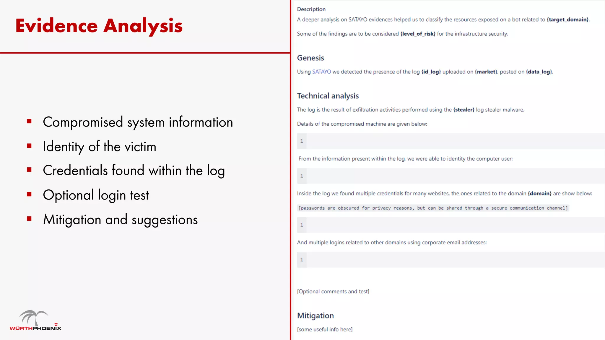 Evidence Analysis
§ Compromised system information
§ Identity of the victim
§ Credentials found within the log
§ Optional login test
§ Mitigation and suggestions
 