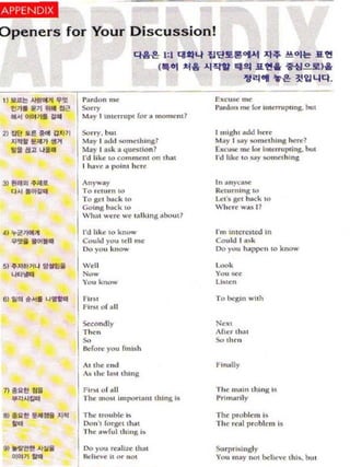 Openers for Your Discussion!
                                                    q,!, 1:1       CU~4 ~eI~otJ..1 J(I~ ,t,!,.Ql ~             In!
                                                            (. 1 *ilr    -4~1t     ql!lllt!          iH,I~I)
                                                                                         211 ....,!,     ~W4q ,

I) 2II~.l/tIIIIt.'l:!          p • ..!n   ....                            be ..... me:
   !!~ IPI .... etC'                                                        'oNoo, .... lor inlI'.... but


21
   -..t OIOP~ (I_

      ~.~         901 Ul/' I
                                ''
                                M.y I ln'fTl'f'I Fo. ,,,,,,,,,,,n,l

                                s.,roy, bm                                  I 1111, odd h .. t
      nail! .',. '111         May I odtl_,hln,1                           MOY I y -....,1010., 11
       It /i.iI. 1./1_         May I osk . qUdl.on/                       u.c.....- _ lor I.... .. pel ....,
                                I'd liJ.o, ' tom'C' on    ,ha,           I'd 11....   '''''y ......h ln,
                                I b. ve _ 1  ,1, h .,

                                Ao~.,
                               I 'co
                                To . elurn '0
                                T      b;,ck to
                                Goi ng b.ck 10
                                Wh., ....'t. ,,·c ,~lklnll·boUil
                                                                            In .nrc-
                                                                            Re , ... nin, ...,
                                                                            I .. ,·.s'~'
                                                                            Whr« ....... 11



                               II'd Ilk. '0 k...,...
                                Could Y ,II ,nc
                                00 you k no ...
                                                                            I·... In .. ' ..,W In
                                                                            Could l •• k
                                                                            00 you happen '0 k ..'


                               IWcll
                                N_
                                yk,
                                                                            ~,

                                                                            Vou ~.
                                                                            U.'cn

                                fi.~,                                       Tu   1.,,,, wllh
                               In of ~II

                                '
                                MO
                                                                            NVCl
                                                                            Ah,rlll ..
                                                                            So ,h,,,
                                '
                                lid, yuu r.nloh

                                A, ,IK • ..,!                               f .... lIy
                                .... ,I.. I ... 'hing

                                FI ,, 1.11                                Th,  .. In .hlnlt I:
                                l he  Imjl'''' ,loin,'             !'rim.oily

                                Tho: Ifou bk ;,.                            The poohkm I~
                                Don·,     I., ,,,-,                       Tho ,.1 poobicm I,
                                The ~wFul ' hhllt I~

1'1   ~t!      J.t111 8            Do   you mol .... !ha'                   SuIJ'''''ny
      010111 till               IIII~.    I, Or 10                      y,,,, .. y .... , bd;.-yc ,hi,., bu.
 