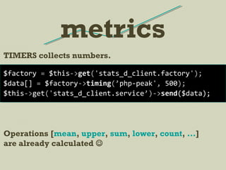 TIMERS collects numbers.
metrics
$factory = $this->get('stats_d_client.factory');
$data[] = $factory->timing(’php-peak', 500);
$this->get('stats_d_client.service’)->send($data);
Operations [mean, upper, sum, lower, count, ...]
are already calculated 
 