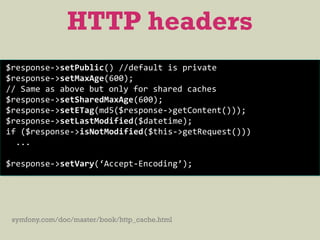 HTTP headers
$response->setPublic() //default is private
$response->setMaxAge(600);
// Same as above but only for shared caches
$response->setSharedMaxAge(600);
$response->setETag(md5($response->getContent()));
$response->setLastModified($datetime);
if ($response->isNotModified($this->getRequest()))
...
$response->setVary(‘Accept-Encoding’);
symfony.com/doc/master/book/http_cache.html
 