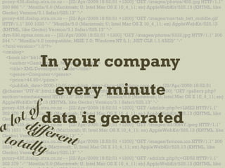 proxy-435.dialup.xtra.co.nz - - [22/Apr/2009:18:52:51 +1200] "GET /images/photos/455.jpg HTTP/1.1"
200 986 "-" "Mozilla/5.0 (Macintosh; U; Intel Mac OS X 10_4_11; en) AppleWebKit/525.13 (KHTML, like
Gecko) Version/3.1 Safari/525.13" "-"
proxy-435.dialup.xtra.co.nz - - [22/Apr/2009:18:52:51 +1200] "GET /images/nav/tab_left_middle.gif
HTTP/1.1" 200 1020 "-" "Mozilla/5.0 (Macintosh; U; Intel Mac OS X 10_4_11; en) AppleWebKit/525.13
(KHTML, like Gecko) Version/3.1 Safari/525.13" "-"
dyn-530.optus.com.au - - [22/Apr/2009:18:52:51 +1200] "GET /images/photos/5332.jpg HTTP/1.1" 200
244 "-" "Mozilla/4.0 (compatible; MSIE 7.0; Windows NT 5.1; .NET CLR 1.1.4322)" "-"
<?xml version="1.0"?>
<catalog>
<book id="bk101">
<author>Gambardella, Matthew</author>
<title>XML Developer's Guide</title>
<genre>Computer</genre>
<price>44.95</price>
<publish_date>2000-10-01</publish_date>dhcp-465.telstra.com.au - - [22/Apr/2009:18:52:51
@charset "UTF-8";html,body,div,span,applet,object,iframe,h1,h2,h3,h4,+1200] "GET /gallery.php?
section=entertainment HTTP/1.0" 200 58636 "-" "Mozilla/5.0 (Macintosh; U; Intel Mac OS X 10_4_11; en)
AppleWebKit/525.13 (KHTML, like Gecko) Version/3.1 Safari/525.13" "-"
proxy-435.dialup.xtra.co.nz - - [22/Apr/2009:18:52:51 +1200] "GET /adclick.php?c=LME2 HTTP/1.1"
302 378 "-" "Mozilla/5.0 (Macintosh; U; Intel Mac OS X 10_4_11; en) AppleWebKit/525.13 (KHTML, like
Gecko) Version/3.1 Safari/525.13" "-"
proxy-435.dialup.xtra.co.nz - - [22/Apr/2009:18:52:51 +1200] "GET /images/ad/RH4Y.jpeg HTTP/1.1"
200 1031 "-" "Mozilla/5.0 (Macintosh; U; Intel Mac OS X 10_4_11; en) AppleWebKit/525.13 (KHTML, like
Gecko) Version/3.1 Safari/525.13" "-"
proxy-435.dialup.xtra.co.nz - - [22/Apr/2009:18:52:51 +1200] "GET /images/favicon.ico HTTP/1.1" 200
2824 "-" "Mozilla/5.0 (Macintosh; U; Intel Mac OS X 10_4_11; en) AppleWebKit/525.13 (KHTML, like
Gecko) Version/3.1 Safari/525.13" "-"
proxy-435.dialup.xtra.co.nz - - [22/Apr/2009:18:52:51 +1200] "GET /adclick.php?c=GD52 HTTP/1.1"
302 379 "-" "Mozilla/5.0 (Macintosh; U; Intel Mac OS X 10_4_11; en) AppleWebKit/525.13 (KHTML, like
In your company
every minute
data is generated
a lot of
differenttotally
 
