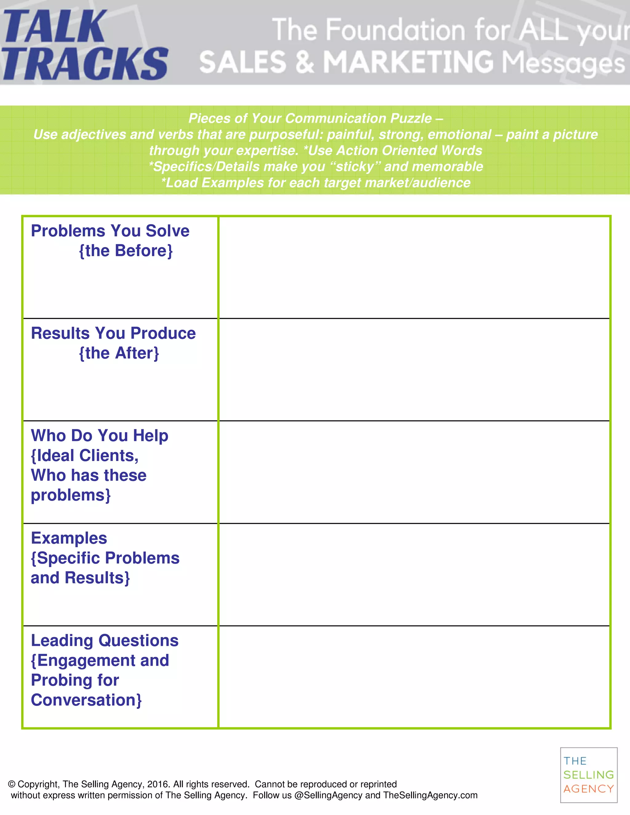 © Copyright, The Selling Agency, 2016. All rights reserved. Cannot be reproduced or reprinted
without express written permission of The Selling Agency. Follow us @SellingAgency and TheSellingAgency.com
Leading Questions
{Engagement and
Probing for
Conversation}
Examples
{Specific Problems
and Results}
Who Do You Help
{Ideal Clients,
Who has these
problems}
Results You Produce
{the After}
Problems You Solve
{the Before}
Pieces of Your Communication Puzzle –
Use adjectives and verbs that are purposeful: painful, strong, emotional – paint a picture
through your expertise. *Use Action Oriented Words
*Specifics/Details make you “sticky” and memorable
*Load Examples for each target market/audience
 