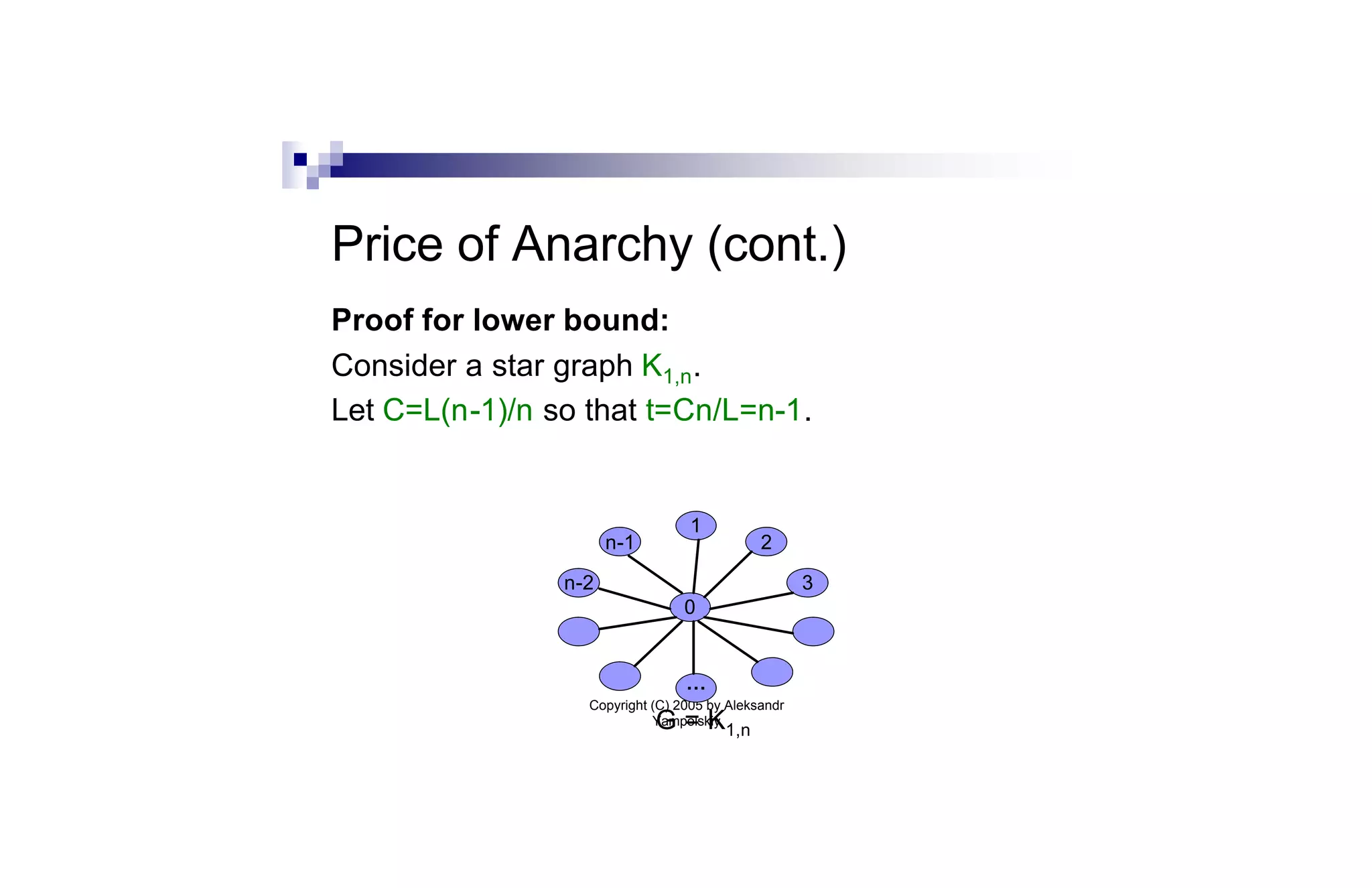 Price of Anarchy (cont.)
Proof for lower bound:
Consider a star graph K1,n.
Let C=L(n-1)/n so that t=Cn/L=n-1.


                                  1
                      n-1                    2

                n-2                                 3
                                 0


                                 …
                  Copyright (C) 2005 by Aleksandr
                            G = K1,n
                            Yampolskiy
 