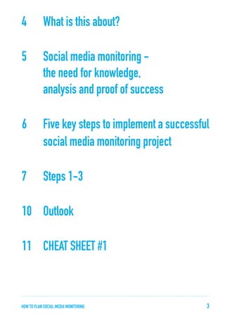 4	

What is this about?

5	
		
		

Social media monitoring the need for knowledge,
analysis and proof of success

	6	
		

Five key steps to implement a successful
social media monitoring project

7	

Steps 1-3

	10	Outlook
	11	 Cheat Sheet #1

how to plan Social Media Monitoring

3

 