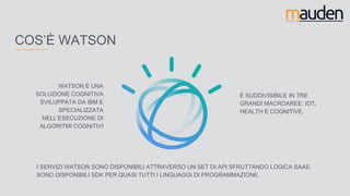 COS’È WATSON
I SERVIZI WATSON SONO DISPONIBILI ATTRAVERSO UN SET DI API SFRUTTANDO LOGICA SAAS.
SONO DISPONIBILI SDK PER QUASI TUTTI I LINGUAGGI DI PROGRAMMAZIONE.
WATSON È UNA
SOLUZIONE COGNITIVA
SVILUPPATA DA IBM E
SPECIALIZZATA
NELL’ESECUZIONE DI
ALGORITMI COGNITIVI
È SUDDIVISIBILE IN TRE
GRANDI MACROAREE: IOT,
HEALTH E COGNITIVE.
 