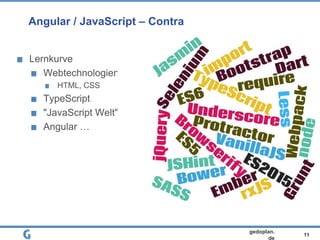 11
gedoplan.
de
Angular / JavaScript – Contra
Lernkurve
Webtechnologien
HTML, CSS
TypeScript
"JavaScript Welt"
Angular …
 