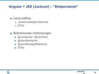 16
gedoplan.
de
Angular + JEE (Jackson) – "Stolpersteine"
LazyLoading
jackson-datatype-hibernate
DTOs
Bidirektionale Verbindungen
@JsonIgnore / @JsonView
@JsonIdentityInfo
@JsonManagedReference
DTOs
 