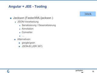 19
gedoplan.
de
Angular + JEE - Tooling
Jackson (FasterXML/jackson )
JSON-Verarbeitung
Serialisierung / Deserialisierung
Annotation
Converter
…
Alternativen:
google/gson
JSON-B (JSR 367)
JAVA
 