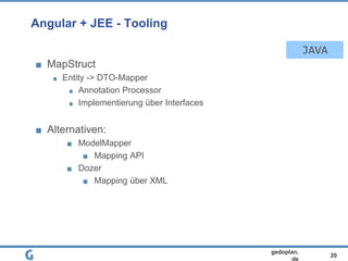20
gedoplan.
de
Angular + JEE - Tooling
MapStruct
Entity -> DTO-Mapper
Annotation Processor
Implementierung über Interfaces
Alternativen:
ModelMapper
Mapping API
Dozer
Mapping über XML
JAVA
 