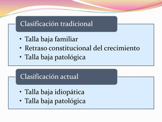 Clasificación tradicional

• Talla baja familiar
• Retraso constitucional del crecimiento
• Talla baja patológica

Clasificación actual

• Talla baja idiopática
• Talla baja patológica
 