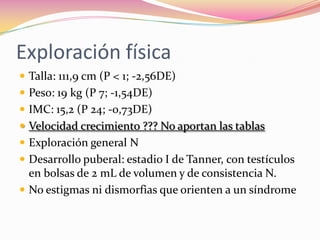 Exploración física
 Talla: 111,9 cm (P < 1; -2,56DE)
 Peso: 19 kg (P 7; -1,54DE)
 IMC: 15,2 (P 24; -0,73DE)
 Velocidad crecimiento ??? No aportan las tablas
 Exploración general N
 Desarrollo puberal: estadio I de Tanner, con testículos
  en bolsas de 2 mL de volumen y de consistencia N.
 No estigmas ni dismorfias que orienten a un síndrome
 