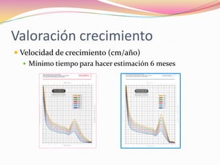 Valoración crecimiento
 Velocidad de crecimiento (cm/año)
    Mínimo tiempo para hacer estimación 6 meses
 