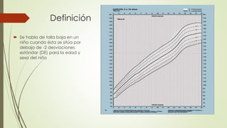 Definición
 Se habla de talla baja en un
niño cuando ésta se sitúa por
debajo de -2 desviaciones
estándar (DE) para la edad y
sexo del niño
 