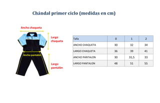 Chándal primer ciclo (medidas en cm)
Talla 0 1 2
ANCHO CHAQUETA 30 32 34
LARGO CHAQUETA 36 39 41
ANCHO PANTALON 30 31,5 33
LARGO PANTALON 48 51 55
 