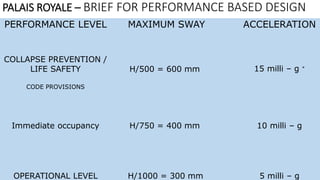 PERFORMANCE LEVEL MAXIMUM SWAY ACCELERATION
COLLAPSE PREVENTION /
LIFE SAFETY
CODE PROVISIONS
H/500 = 600 mm 15 milli – g *
Immediate occupancy H/750 = 400 mm 10 milli – g
OPERATIONAL LEVEL H/1000 = 300 mm 5 milli – g
PALAIS ROYALE – BRIEF FOR PERFORMANCE BASED DESIGN
 