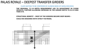 CLAIM WAITING TO BE CONFIRMED BY GUINESS BOOK OF WORLD RECORDS
THE ORIGINAL 7.5 M DEPTH REQUIREMENT LED TO ADJUSTMENT IN FLOOR
HEIGHTS, FURTHER ALLOWING INCREASE IN THE GIRDER DEPTH TO 8.5 M AND
THEN 9 M.
STRUCTURAL BENEFIT – MOST OF THE GIRDERS BECAME DEEP BEAMS –
COULD BE DESIGNED WITH STRUT-TIE MODEL
9M
PALAIS ROYALE – DEEPEST TRANSFER GIRDERS
 