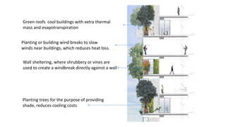 Planting trees for the purpose of providing
shade, reduces cooling costs
Planting or building wind breaks to slow
winds near buildings, which reduces heat loss.
Wall sheltering, where shrubbery or vines are
used to create a windbreak directly against a wall
Green roofs cool buildings with extra thermal
mass and evapotranspiration
 