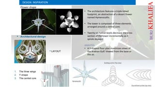 • The architecture features a triple-lobed
footprint, an abstraction of a desert flower
named Hymenocallis.
• The tower is composed of three elements
arranged around a central core.
• Twenty-six helical levels decrease the cross
section of the tower incrementally as it
spirals skyward.
ANALYSIS
• A Y-shaped floor plan maximizes views of
the Arabian Gulf. Viewed from the base or
the air.
DESIGN INSPIRATION
Flower shape
BURJKHALIFA
 
