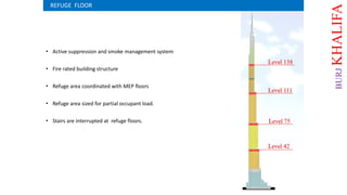 • Active suppression and smoke management system
• Fire rated building structure
• Refuge area coordinated with MEP floors
• Refuge area sized for partial occupant load.
• Stairs are interrupted at refuge floors.
REFUGE FLOOR
BURJKHALIFA
 