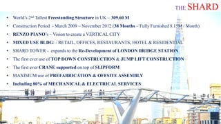 THE SHARD
• World’s 2nd Tallest Freestanding Structure in UK – 309.60 M
• Construction Period - March 2009 – November 2012 (38 Months – Fully Furnished 8.15M / Month)
• RENZO PIANO’s – Vision to create a VERTICAL CITY
• MIXED USE BLDG: - RETAIL, OFFICES, RESTAURANTS, HOTEL & RESIDENTIAL
• SHARD TOWER - expands to the Re-Development of LONDON BRIDGE STATION
• The first ever use of TOP DOWN CONSTRUCTION & JUMP LIFT CONSTRUCTION
• The first ever CRANE supported on top of SLIPFORM
• MAXIMUM use of PREFABRICATION & OFFSITE ASSEMBLY
• Including 80% of MECHANICAL & ELECTRICAL SERVICES
 