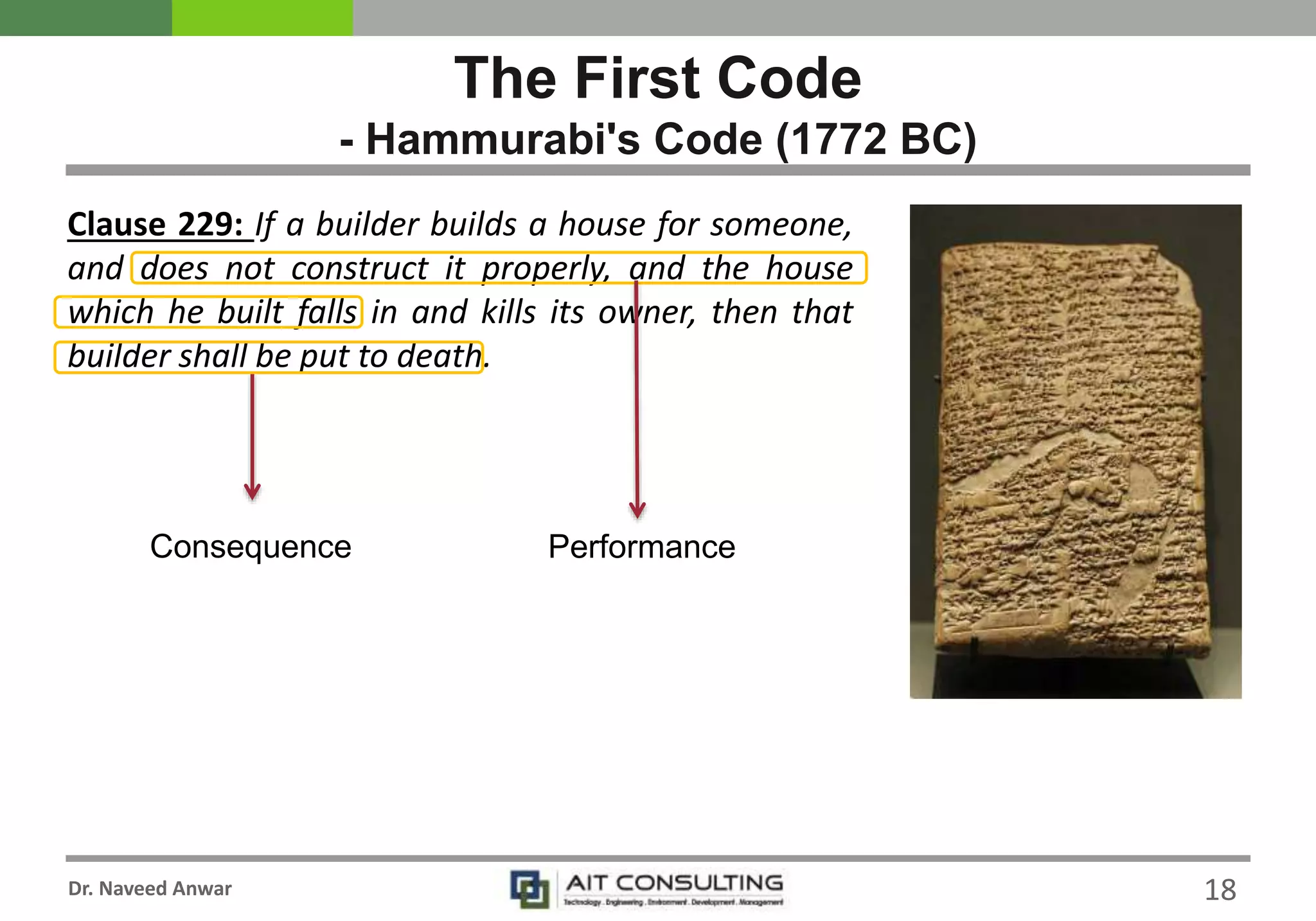 Dr. Naveed Anwar
The First Code
- Hammurabi's Code (1772 BC)
Clause 229: If a builder builds a house for someone,
and does not construct it properly, and the house
which he built falls in and kills its owner, then that
builder shall be put to death.
PerformanceConsequence
18
 