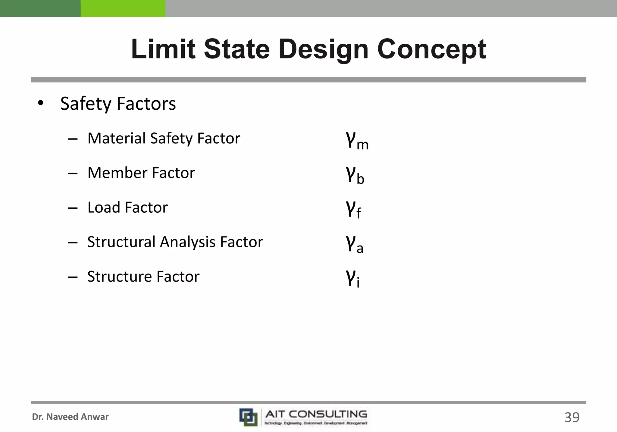 Dr. Naveed Anwar
Limit State Design Concept
• Safety Factors
– Material Safety Factor γm
– Member Factor γb
– Load Factor γf
– Structural Analysis Factor γa
– Structure Factor γi
39
 