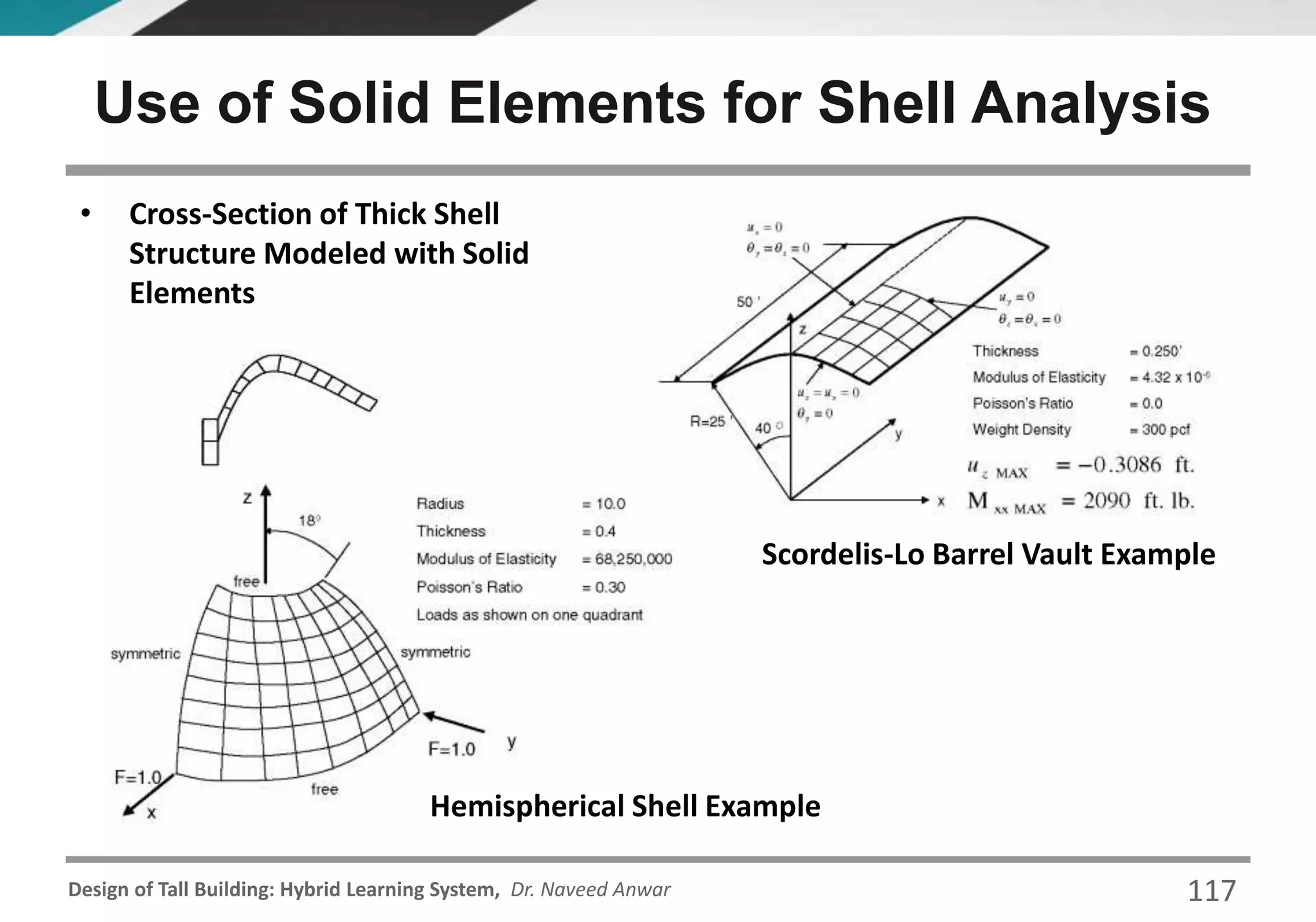 Design of Tall Building: Hybrid Learning System, Dr. Naveed Anwar
Use of Solid Elements for Shell Analysis
• Cross-Section of Thick Shell
Structure Modeled with Solid
Elements
Scordelis-Lo Barrel Vault Example
Hemispherical Shell Example
117
 