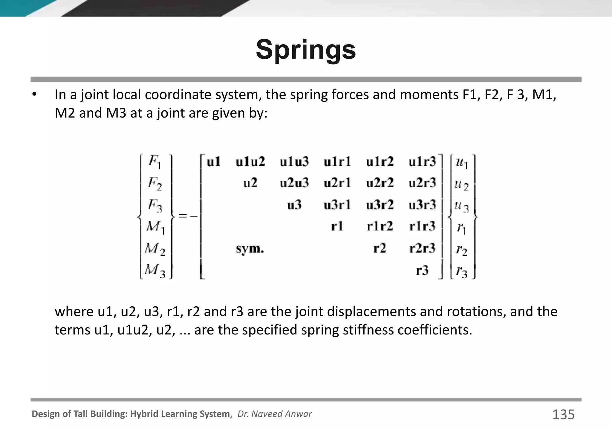 Design of Tall Building: Hybrid Learning System, Dr. Naveed Anwar
Springs
• In a joint local coordinate system, the spring forces and moments F1, F2, F 3, M1,
M2 and M3 at a joint are given by:
where u1, u2, u3, r1, r2 and r3 are the joint displacements and rotations, and the
terms u1, u1u2, u2, ... are the specified spring stiffness coefficients.
135
 