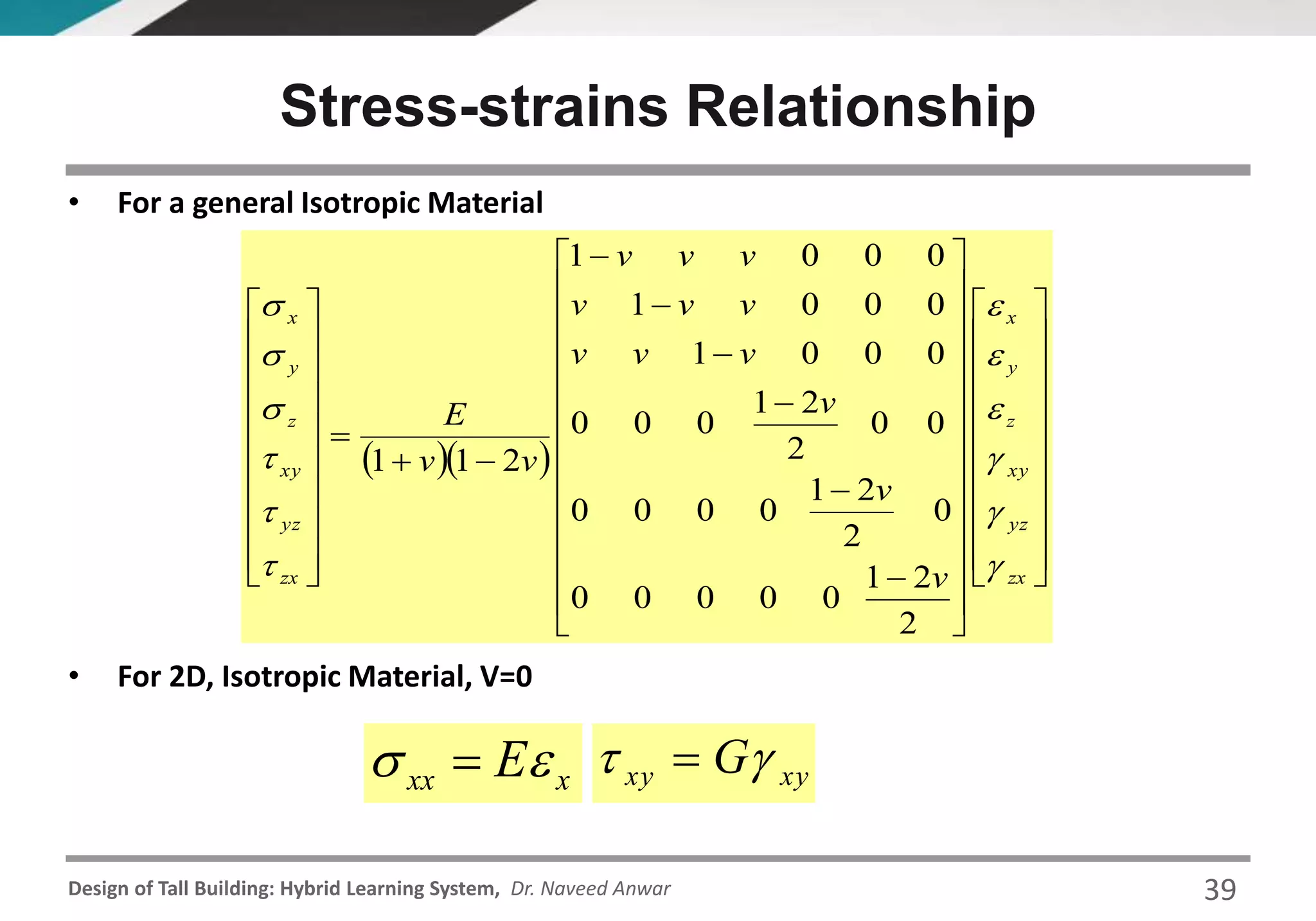 Design of Tall Building: Hybrid Learning System, Dr. Naveed Anwar
Stress-strains Relationship
• For a general Isotropic Material
• For 2D, Isotropic Material, V=0
  










































































zx
yz
xy
z
y
x
zx
yz
xy
z
y
x
v
v
v
vvv
vvv
vvv
vv
E












2
21
00000
0
2
21
0000
00
2
21
000
0001
0001
0001
211
xxx E  xyxy G 
39
 