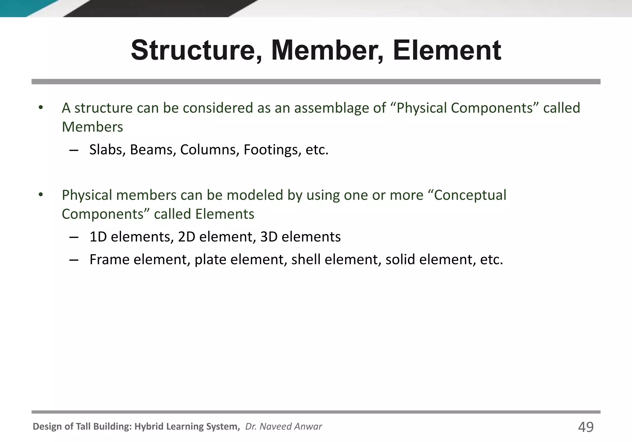 Design of Tall Building: Hybrid Learning System, Dr. Naveed Anwar
• A structure can be considered as an assemblage of “Physical Components” called
Members
– Slabs, Beams, Columns, Footings, etc.
• Physical members can be modeled by using one or more “Conceptual
Components” called Elements
– 1D elements, 2D element, 3D elements
– Frame element, plate element, shell element, solid element, etc.
Structure, Member, Element
49
 