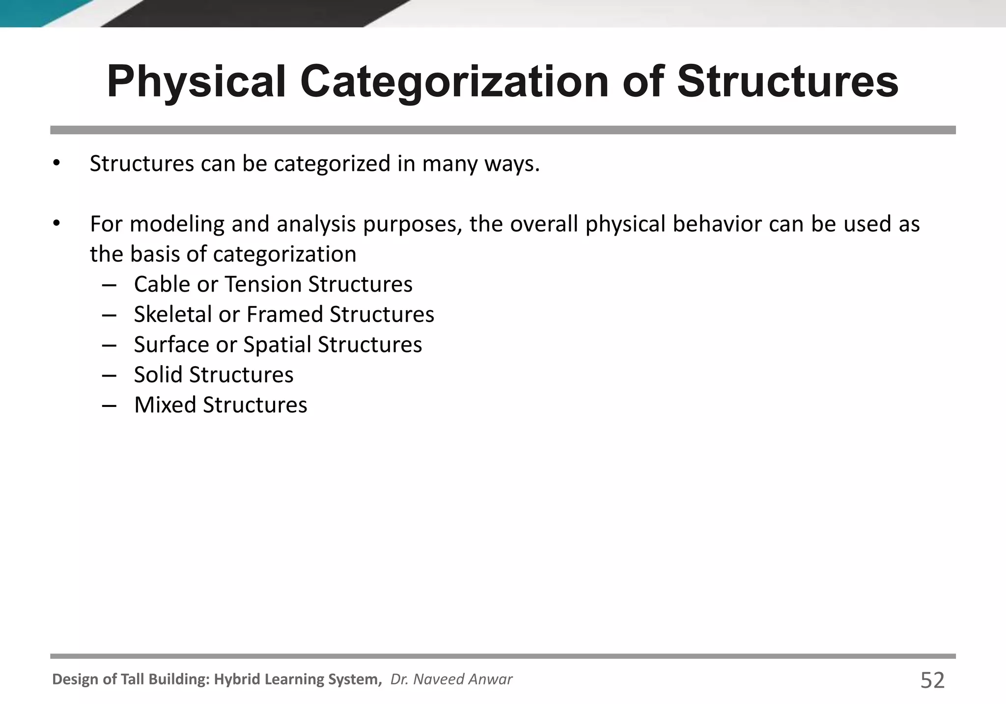 Design of Tall Building: Hybrid Learning System, Dr. Naveed Anwar
Physical Categorization of Structures
• Structures can be categorized in many ways.
• For modeling and analysis purposes, the overall physical behavior can be used as
the basis of categorization
– Cable or Tension Structures
– Skeletal or Framed Structures
– Surface or Spatial Structures
– Solid Structures
– Mixed Structures
52
 