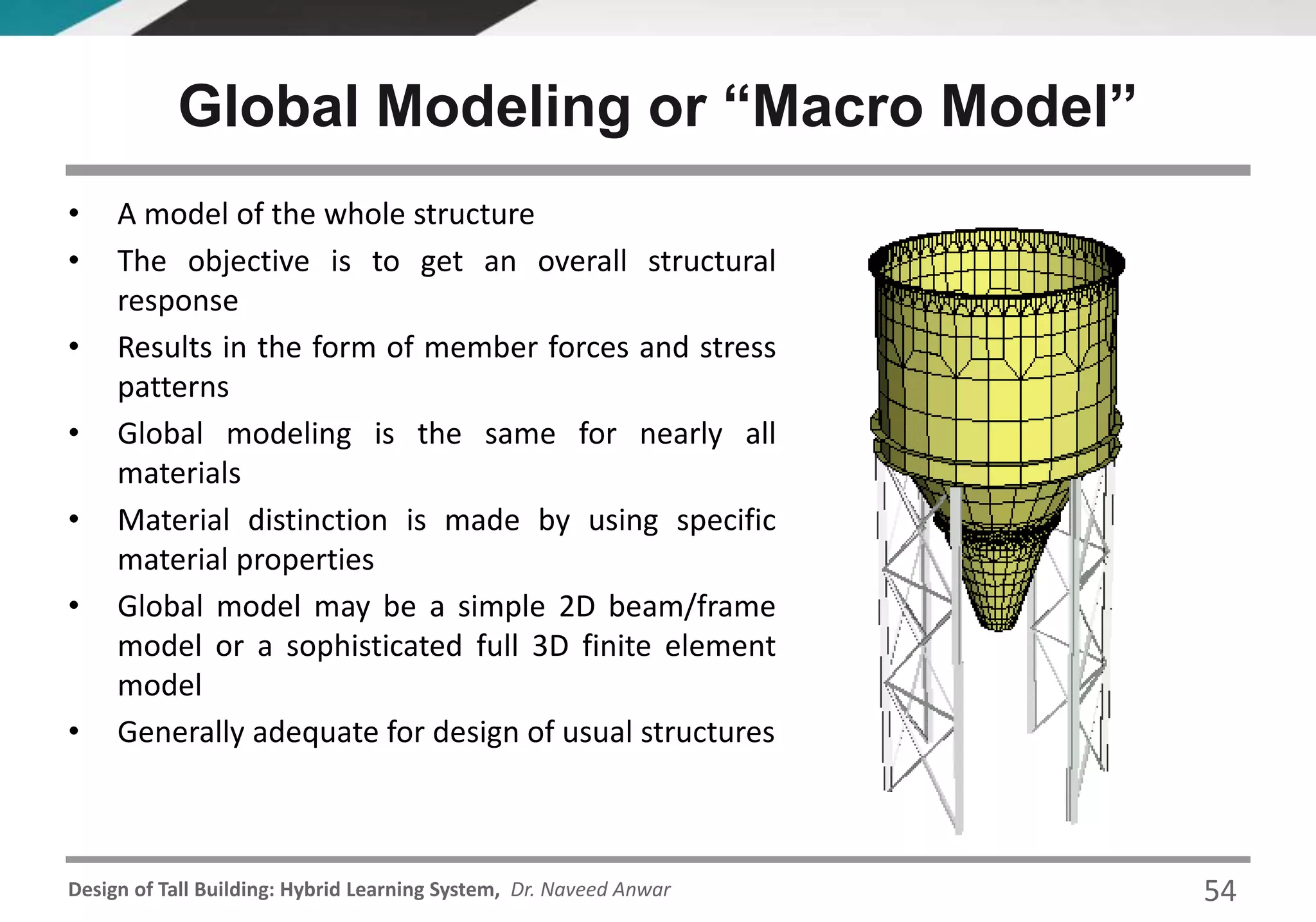 Design of Tall Building: Hybrid Learning System, Dr. Naveed Anwar
Global Modeling or “Macro Model”
• A model of the whole structure
• The objective is to get an overall structural
response
• Results in the form of member forces and stress
patterns
• Global modeling is the same for nearly all
materials
• Material distinction is made by using specific
material properties
• Global model may be a simple 2D beam/frame
model or a sophisticated full 3D finite element
model
• Generally adequate for design of usual structures
54
 
