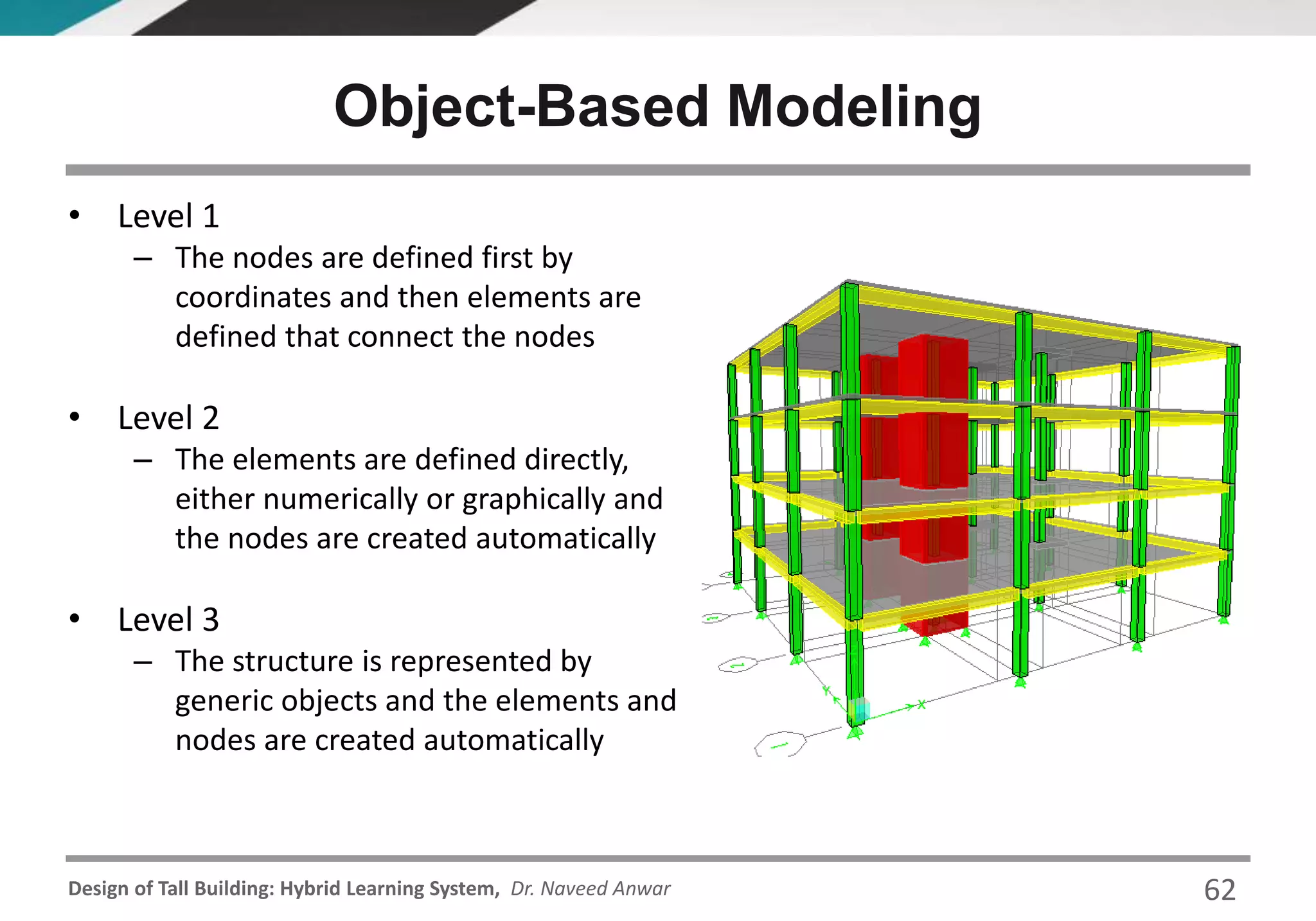 Design of Tall Building: Hybrid Learning System, Dr. Naveed Anwar
Object-Based Modeling
• Level 1
– The nodes are defined first by
coordinates and then elements are
defined that connect the nodes
• Level 2
– The elements are defined directly,
either numerically or graphically and
the nodes are created automatically
• Level 3
– The structure is represented by
generic objects and the elements and
nodes are created automatically
62
 