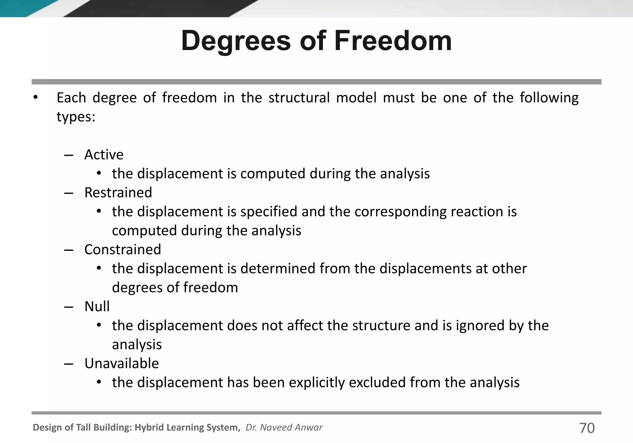 Design of Tall Building: Hybrid Learning System, Dr. Naveed Anwar
Degrees of Freedom
• Each degree of freedom in the structural model must be one of the following
types:
– Active
• the displacement is computed during the analysis
– Restrained
• the displacement is specified and the corresponding reaction is
computed during the analysis
– Constrained
• the displacement is determined from the displacements at other
degrees of freedom
– Null
• the displacement does not affect the structure and is ignored by the
analysis
– Unavailable
• the displacement has been explicitly excluded from the analysis
70
 