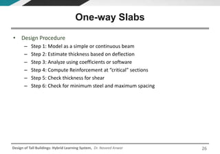 Design of Tall Buildings: Hybrid Learning System, Dr. Naveed Anwar
• Design Procedure
– Step 1: Model as a simple or continuous beam
– Step 2: Estimate thickness based on deflection
– Step 3: Analyze using coefficients or software
– Step 4: Compute Reinforcement at “critical” sections
– Step 5: Check thickness for shear
– Step 6: Check for minimum steel and maximum spacing
One-way Slabs
26
 