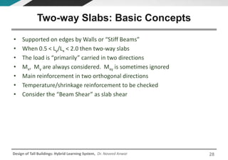 Design of Tall Buildings: Hybrid Learning System, Dr. Naveed Anwar
• Supported on edges by Walls or “Stiff Beams”
• When 0.5 < Ly/Lx < 2.0 then two-way slabs
• The load is “primarily” carried in two directions
• Mx, My are always considered. Mxy is sometimes ignored
• Main reinforcement in two orthogonal directions
• Temperature/shrinkage reinforcement to be checked
• Consider the “Beam Shear” as slab shear
Two-way Slabs: Basic Concepts
28
 